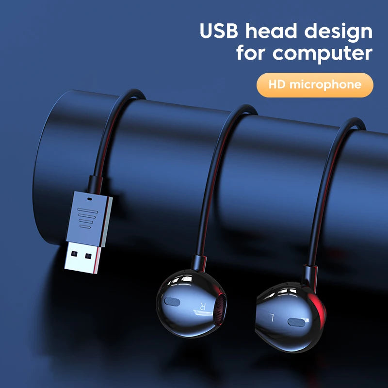 3M Long USB Wired Headphones In-ear Earphones With Mic USB-A Cable Handsfree Headset Gaming USB Earbuds For Desktop Laptop PC