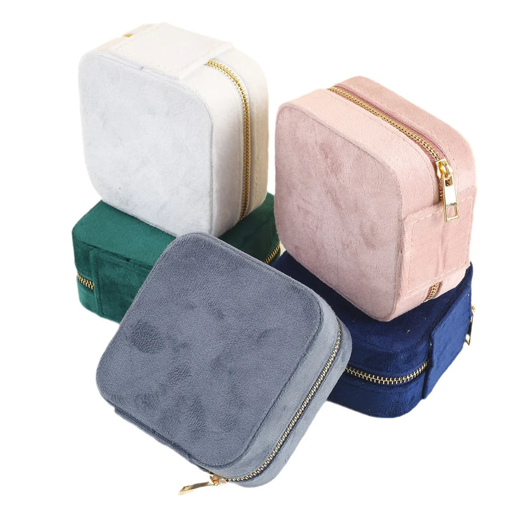 Portable Mini Velvet Travel Jewelry Box,Compact Zippered Organizer with Mirror for Rings Earrings On-the-go,Velvet Jewelry Case