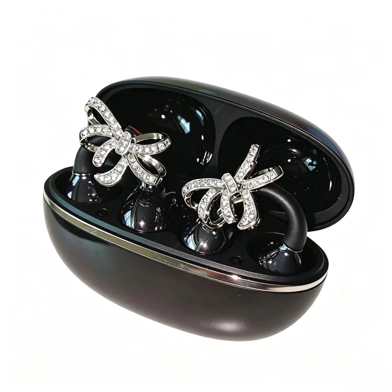 Shiny Crystal Bowknot OWS Clip Earbuds TWS Wireless Bluetooth 5.4 Low Latency Sport Headphones with Charging Case