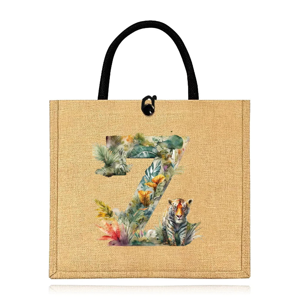Flax Bag Fastener Handbag Organizer Storage Jute Tote Bags Imitation Cotton Women Valise Portable Jungle Tiger Printing Series