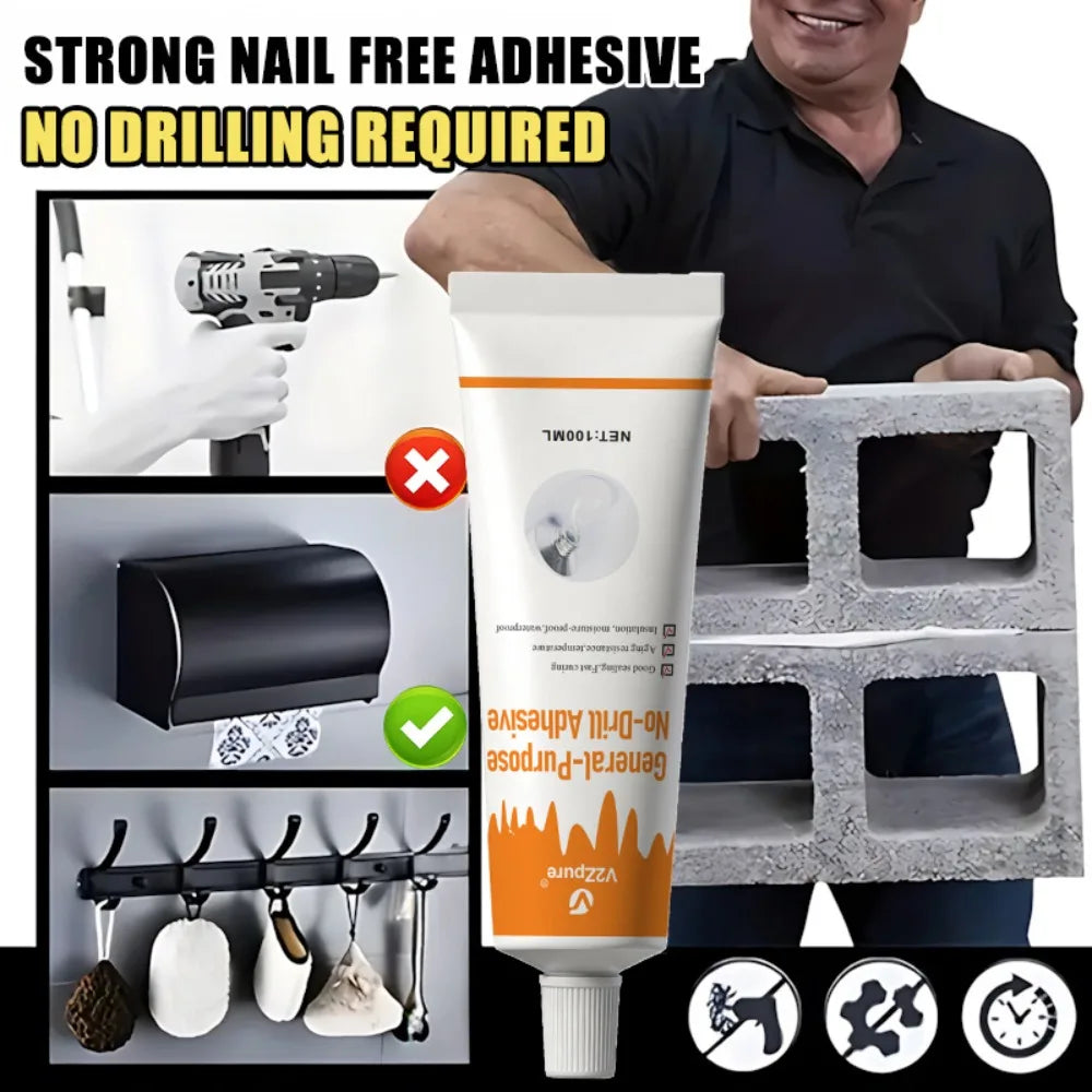Nail-Free Adhesive No-Drill Glue - Strong No-Scratch Adhesive for Hooks & Shelves Towel Racks Daily Repair Glue Bonding Agent