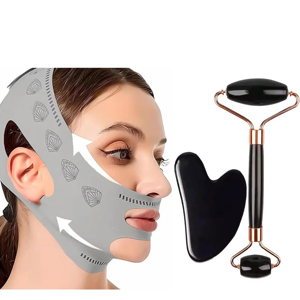 3-Piece Face Sculpting Mask&Face Massage Roller&Gua Sha Tool,Reusable AdjustableV-shaped Face Bandage,Portable Body Massage Tool