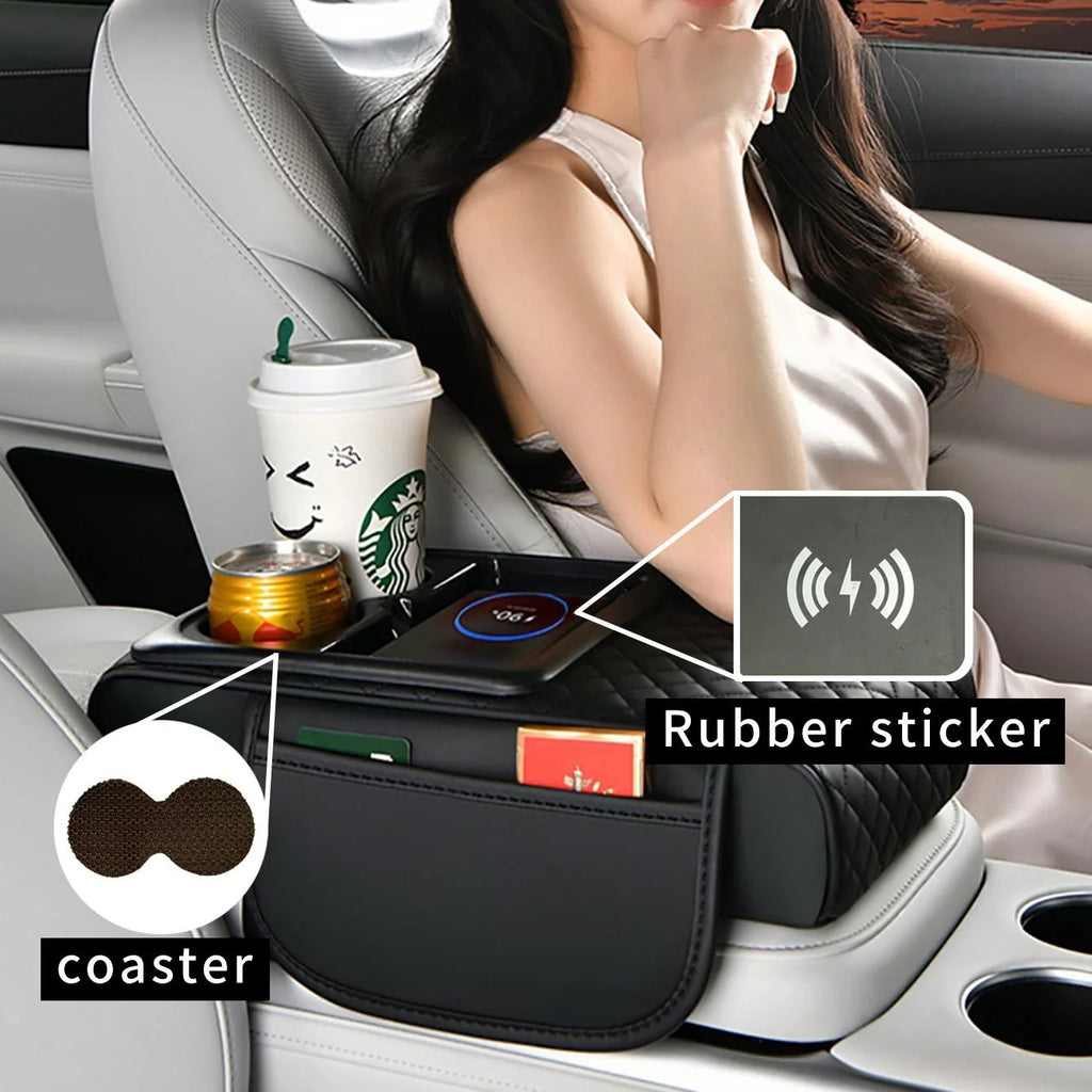1 Car Armrest Box with Multiple Colors, Compatible with Apple and Huawei Wireless Charging, Comes with a Pack of Tissues and a Coaster