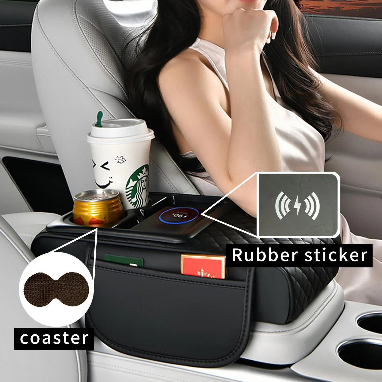 1 Car Armrest Box with Multiple Colors, Compatible with Apple and Huawei Wireless Charging, Comes with a Pack of Tissues and a Coaster