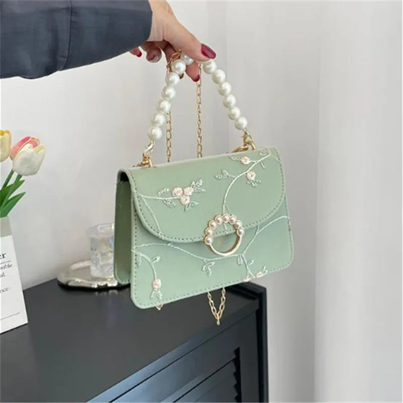 Chic Pearl Handbag for Women Stylish Lace Chain Single Shoulder Bag Synthetic Leather Square Small Tote Bag Women Party Daily