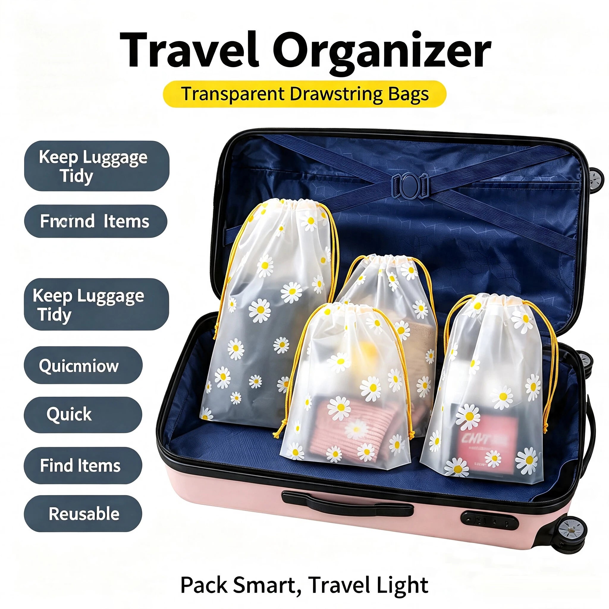 10Pcs Transparent Waterproof Travel Cosmetic Bag with Drawstring Plastic Storage Bag for Towels Socks Bathroom Beach Organizer