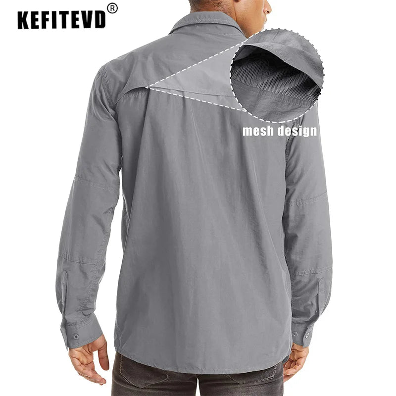 KEFITEVD Quick Dry Men's Hiking Shirts Zipper Chest Pocket Long Sleeve Cargo Shirts Lightweight Camping Trekking Fishing Shirt