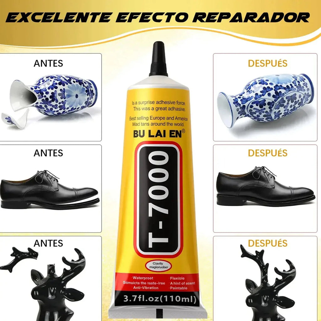 Black T-7000 glue, a semi-fluid black adhesive for precision repairs of crafts, electronics, phone screen replacements, do-it-yourself or DIY jewel making, and glass, wood, metal, and stones.