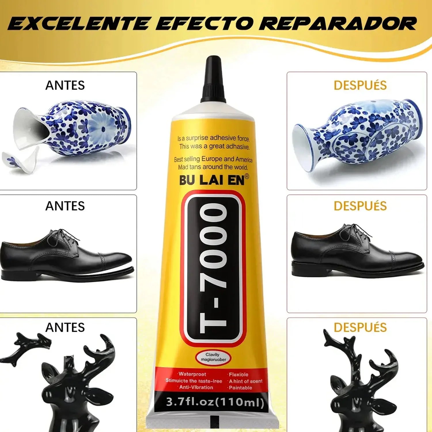 Black T-7000 glue, a semi-fluid black adhesive for precision repairs of crafts, electronics, phone screen replacements, do-it-yourself or DIY jewel making, and glass, wood, metal, and stones.