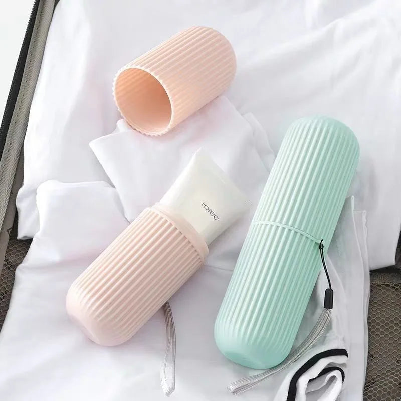 Portable Travel Toothbrush Box Vertical Striped Mouthwash Cup Toothpaste Tube Organizer Toothware Storage Case for Bathroom & Ou