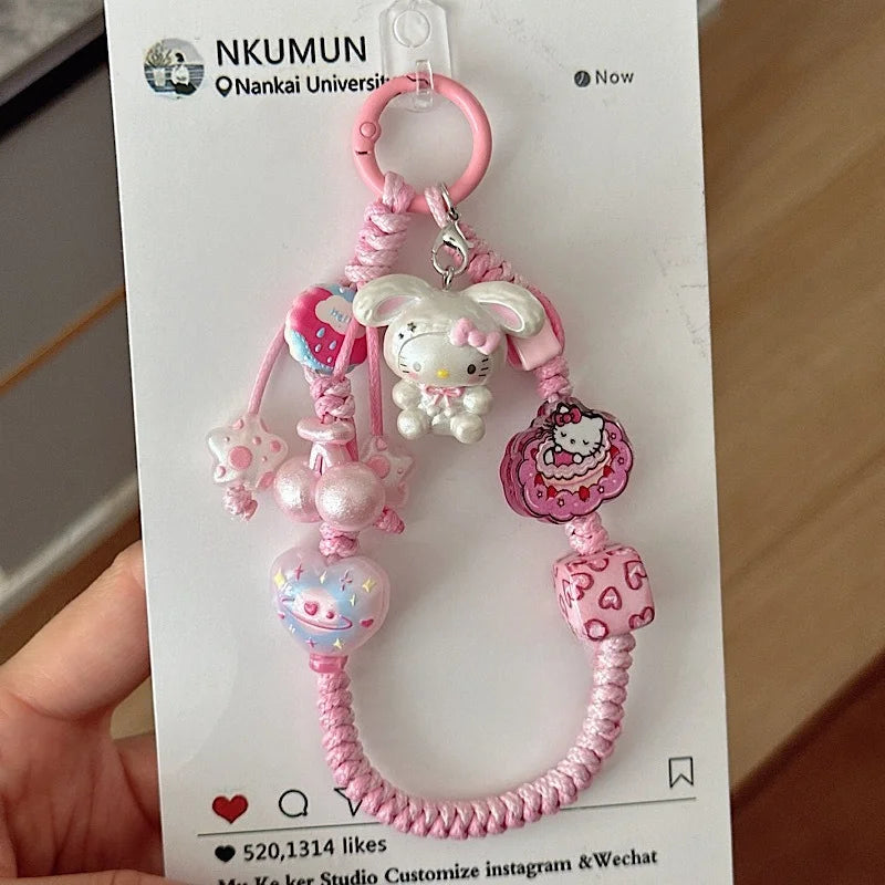 INS Sanrio Hello Kitty Sweet Pink Hand Woven Phone Case Wrist Strap Bead Keychain Bag Decor Pendant for Girl Woman Phone Lanyard