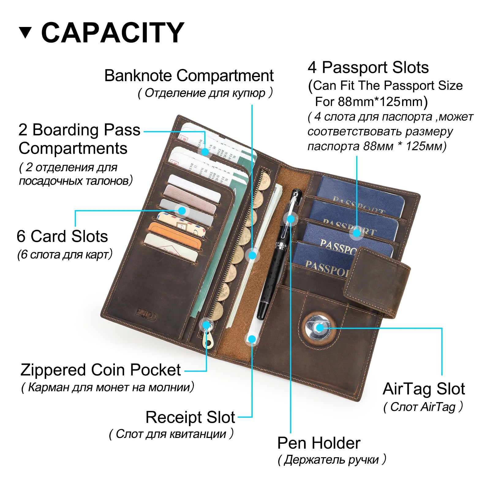 Genuine Leather Family Passport Wallet with Anti-lost Airtag Case Passport Cover For Cards Pen Holder Passport Travel Clutch Bag