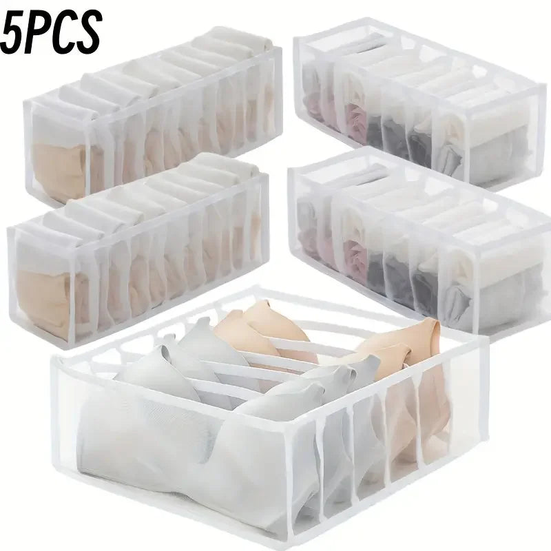 5-Pack Home Storage Boxes Foldable Plaid Underwear Combination Bags - Nylon Drawer Dividers for Socks, Panties and Underwear