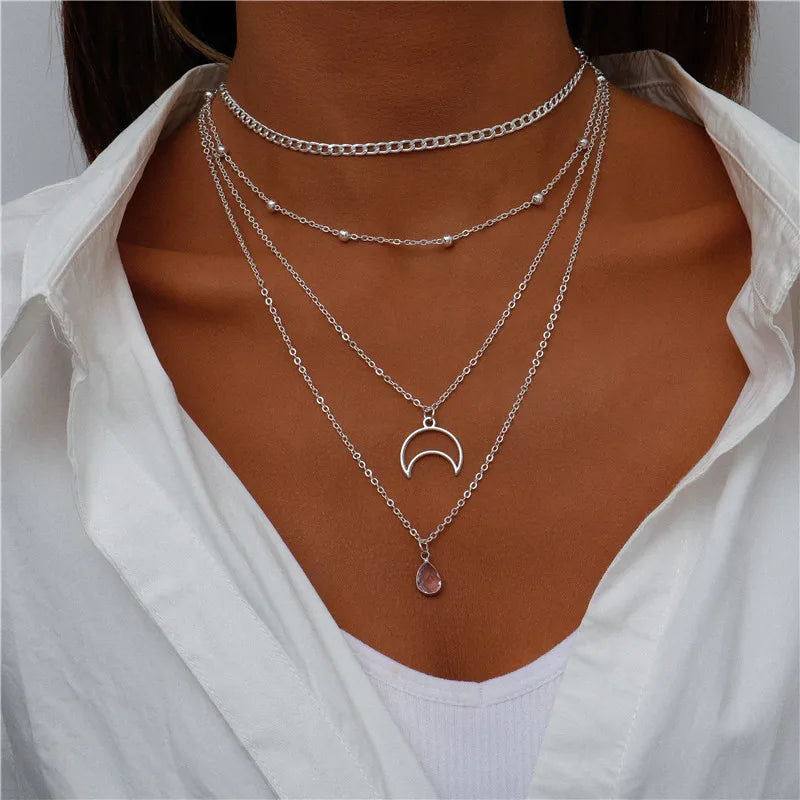 Vintage Multi Layered Moon Coin Moon Hamsa Hand Chain Necklaces for Women Boho Elephant Hearts Pendants Necklaces Jewelry