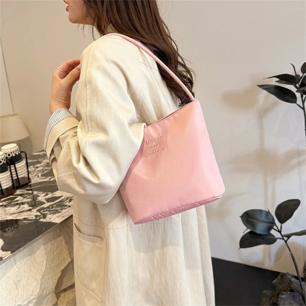 Fashion Oxford Shoulder Bag Embroidered Letters Large Capacity Underarm Handbag Waterproof Commuting Bucket Bag Women
