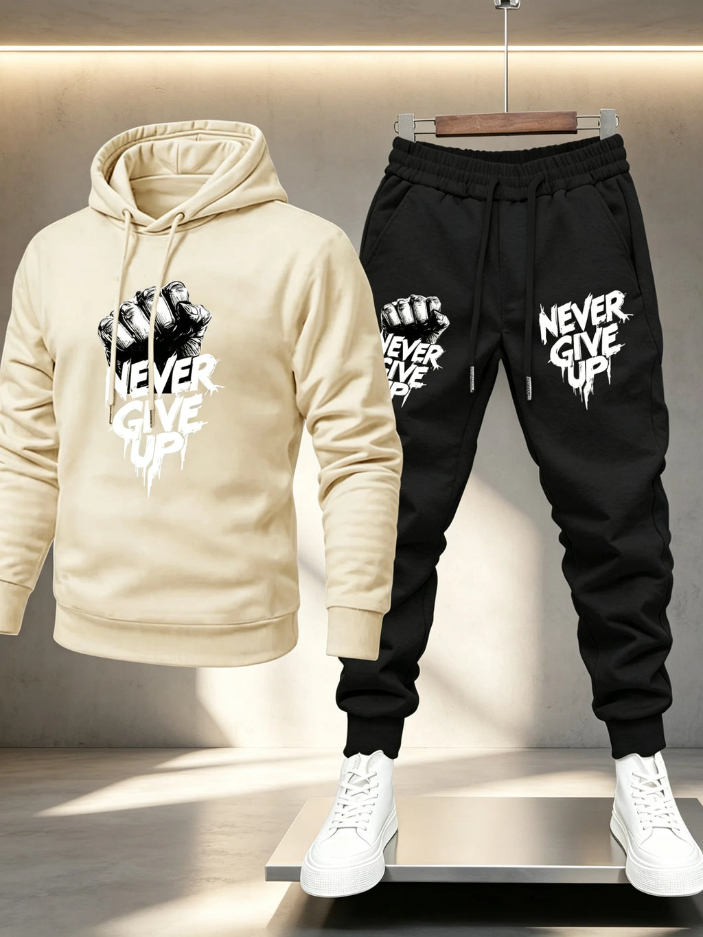 Men’s Motivational Slogan Two-Piece Tracksuit Fist Graphic Never Give Up Print Hooded Sweatshirt Jogger Pants Set Outfit