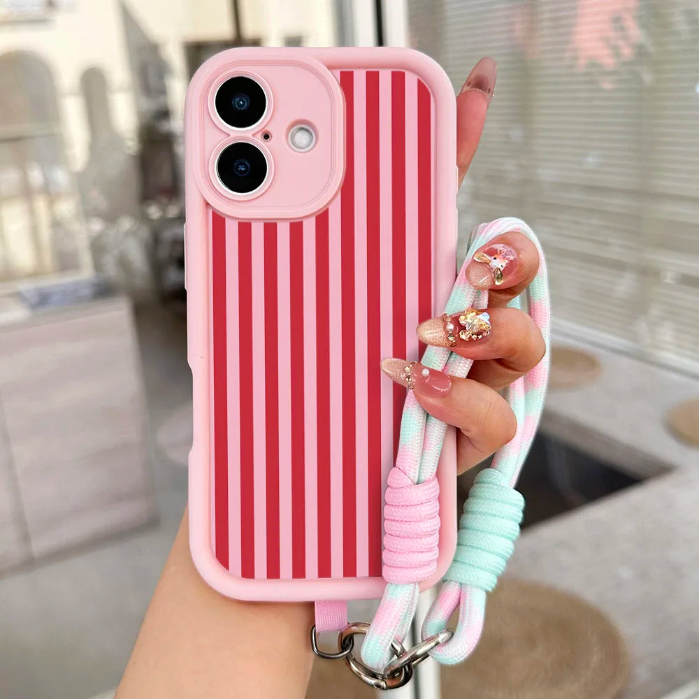 Lanyard Phone Case For Redmi Note 15 14 13 12 11 10 9 8 7 Pro Plus 14s 13C 12C 14C 9T 10C Stripe Pattern Wrist Chain Strap Cover