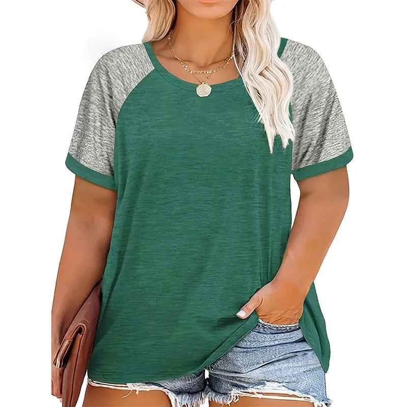 Popular women's clothing large size casual round neck color matching short-sleeved T-shirt top  Shirts Smooth Texture Shirt Soft