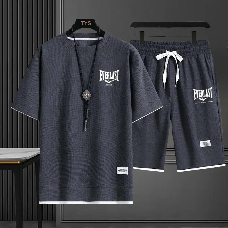 EVERLAST New Summer Men's Daily Casual Breathable Comfortable Loose Sports Set Fashion Brand Men's Waffle Top+Shorts 2-piece Set