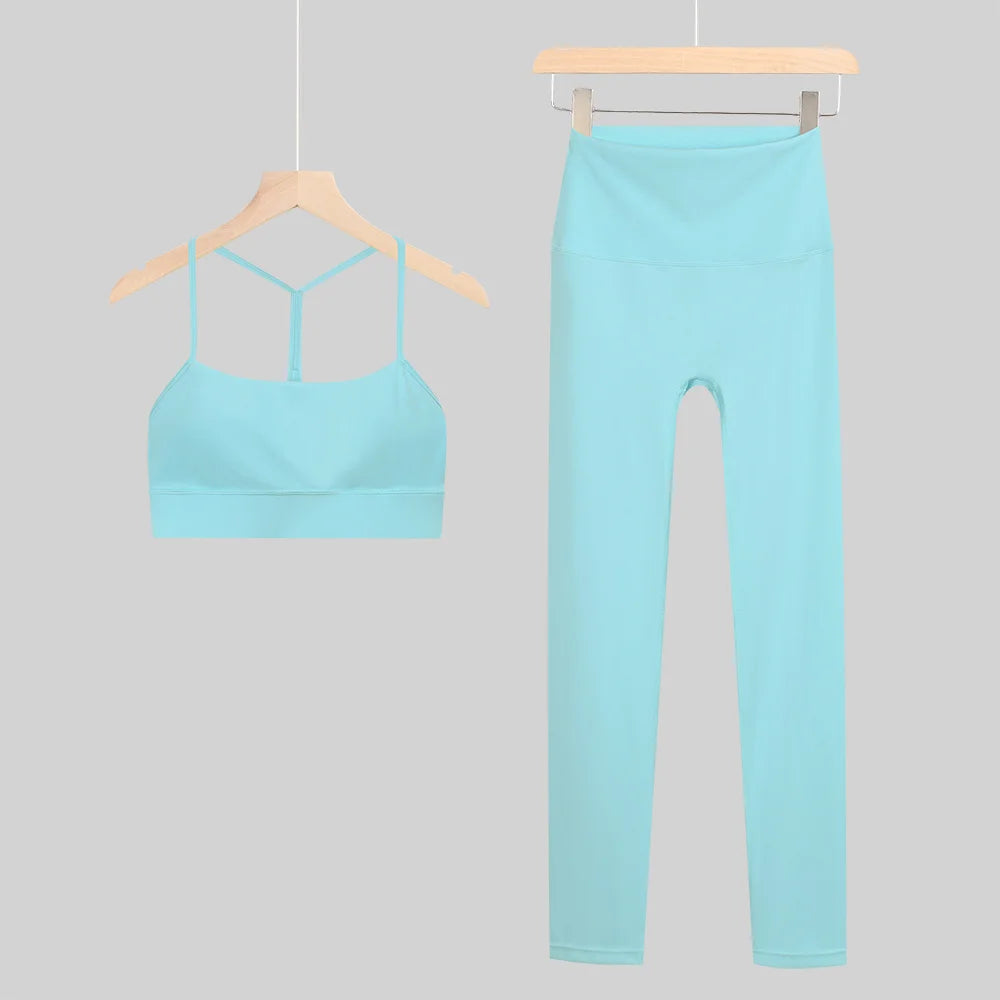 New Yoga Women Vest Gym Top Y-shape Bra Set Comfortable Running Fitness Cropped Pants Sportswear