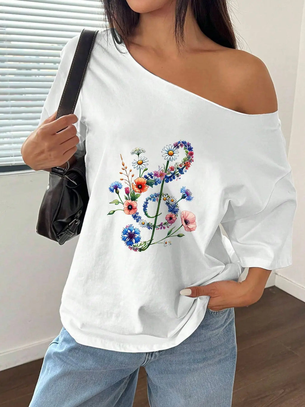 100% Cotton Plus Size Floral Music Note Print Shoulder Loose Print T-Shirt Oversized Y2K Style Graphic Tees Women Tops Summer