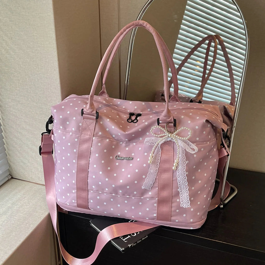 Korean Polka Dot Lazy Style Large Capacity Women's Luggage Bag Travel Handheld Short Trip Business Commuting Bag Lightweight ...