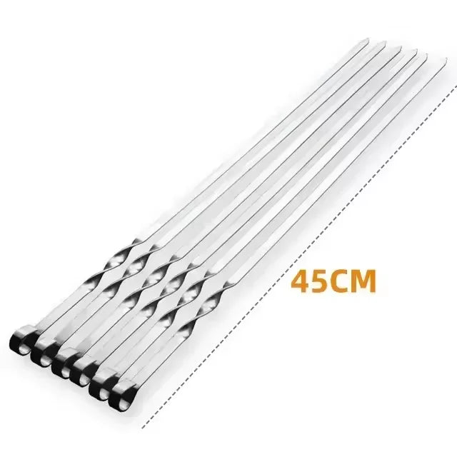 45/55cm BBQ Fork Wood BBQ Skewers Long Handle Kebab Barbecue Grill Sticks Reusable Stainless Steel Outdoor Camping Grill Needle