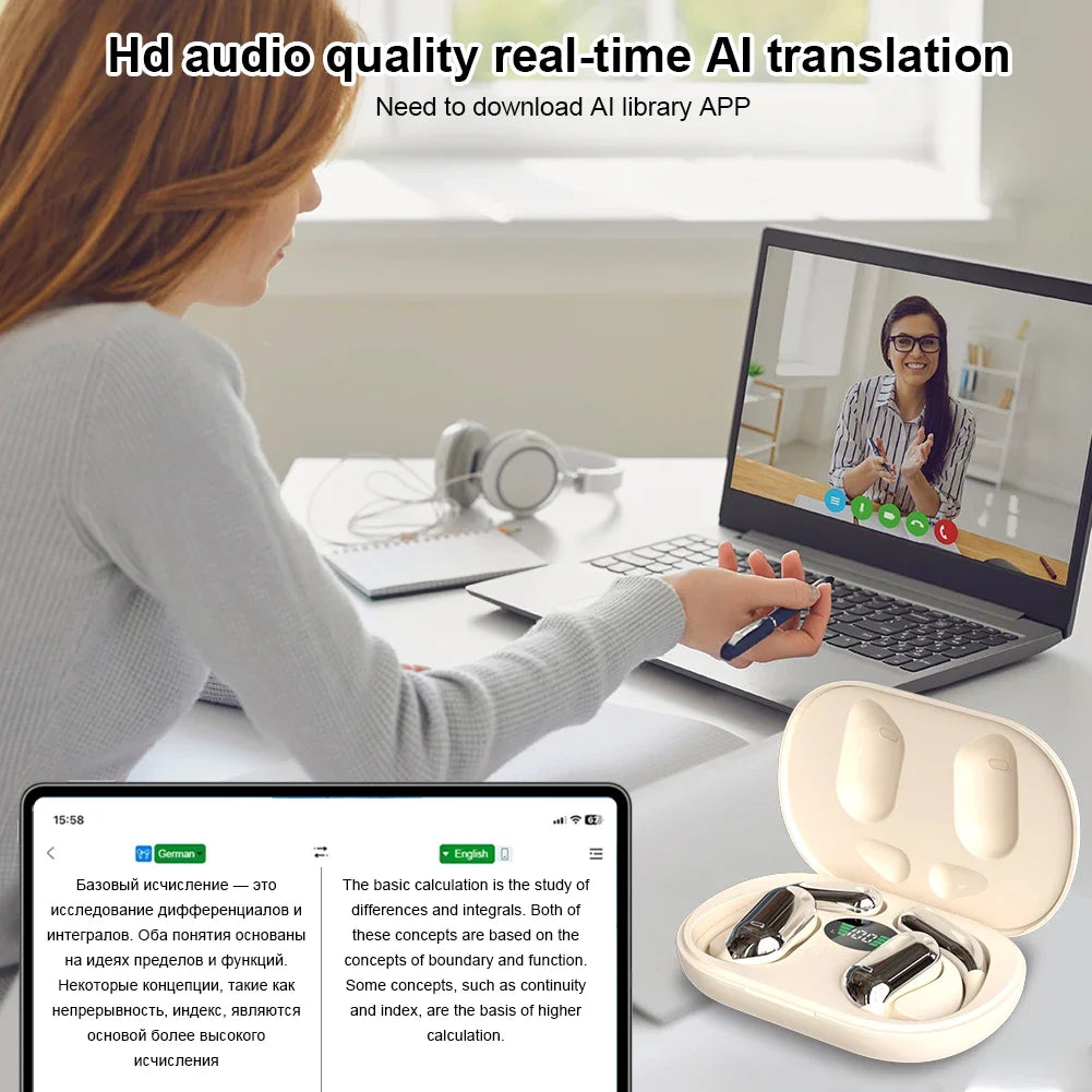AI Translation Earbuds Bluetooth 5.4 Noise Cancelling 144 Languages Real Time Instant Translator 3-in-1 Smart Headset