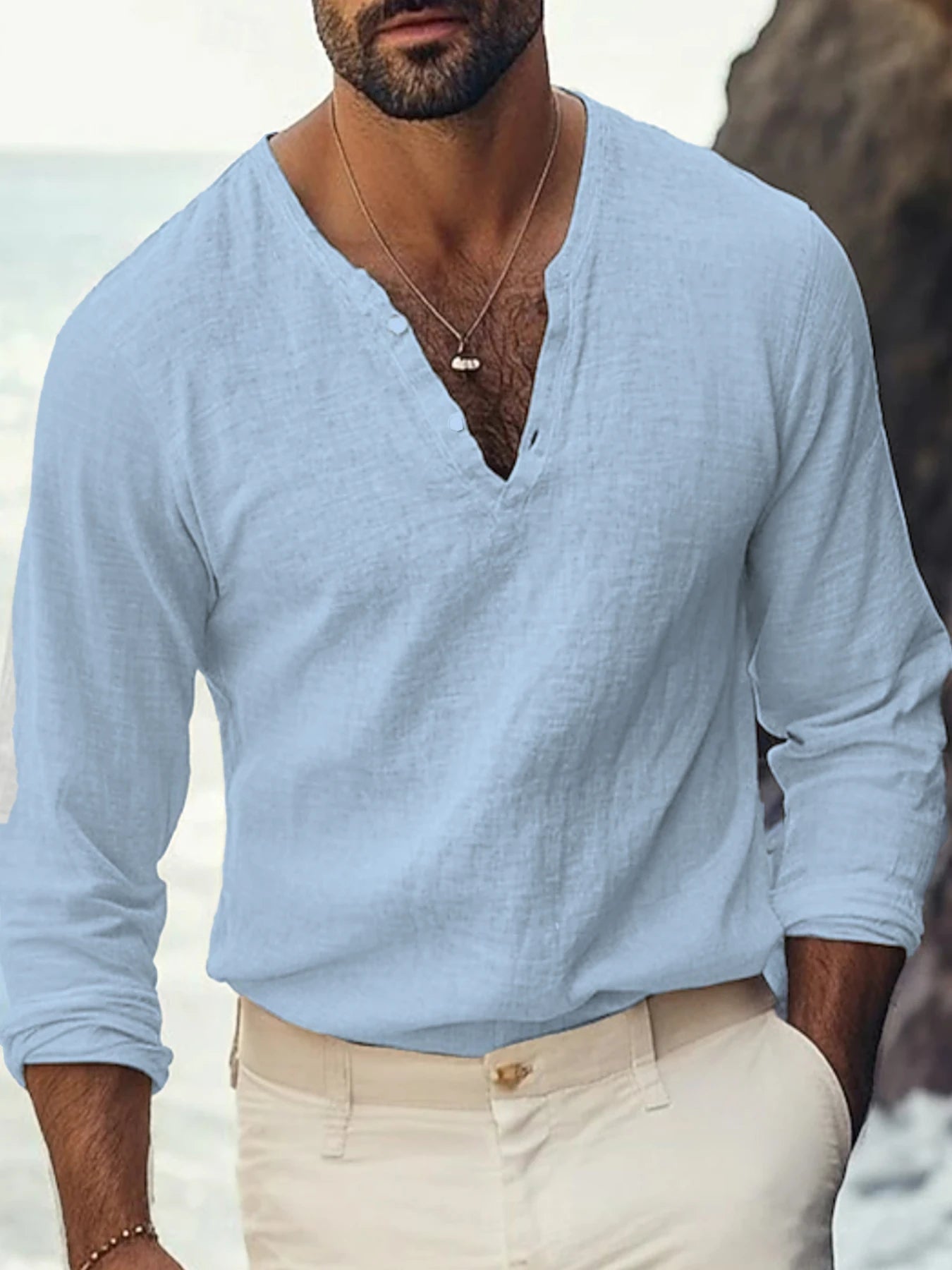 Men Textured Henley V Neck Linen Blend Long Sleeve Casual Shirts