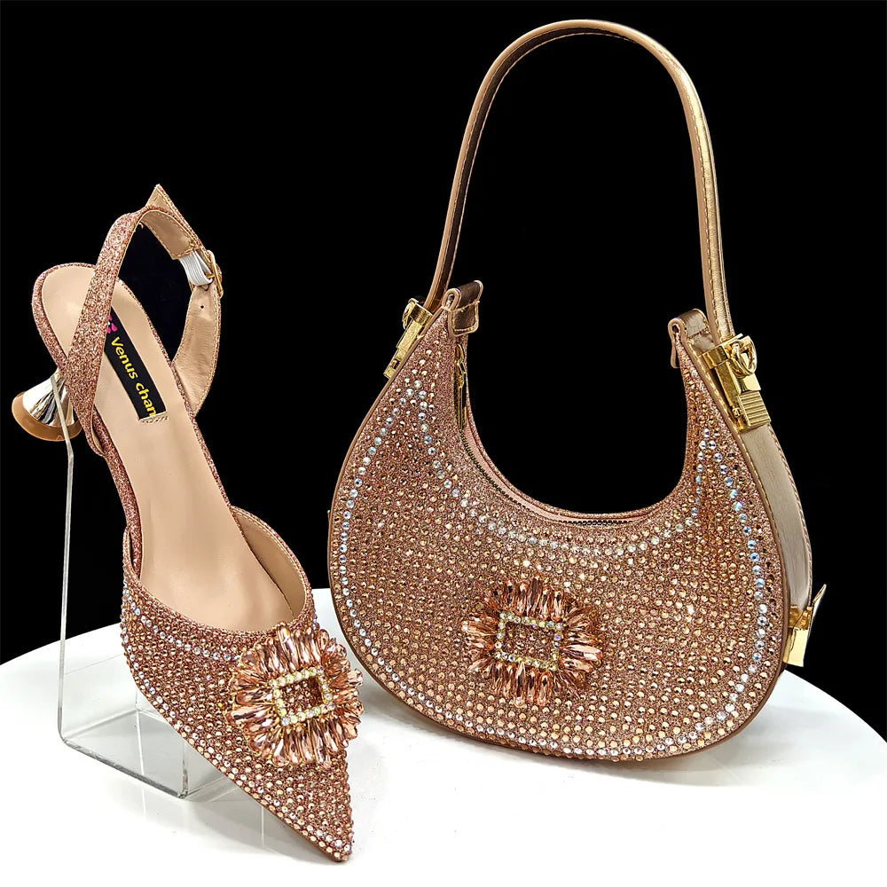 Ladies pointed shoe bag set, diamond buckle flower decoration, wine glass heel, with clutch bag (soft)