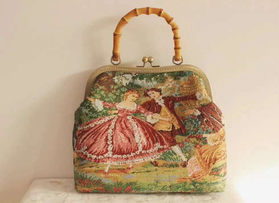 Lost in Vintage 1950s Tapestry Figural Purse Aubusson Clutch Figural Bamboo Handle Bag Vibrant Scenic and Romantic Figures Lamb