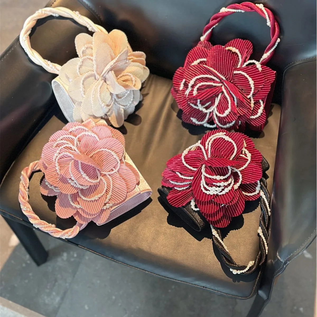 retro burgundy twist pearl cheongsam bag rose three-dimensional pink flower bag fairy bag diagonal straddle girl