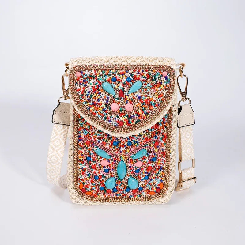 Advanced straw woven crossbody bag, new fashionable rice bead bag, European and American woven women's shoulder phone bag