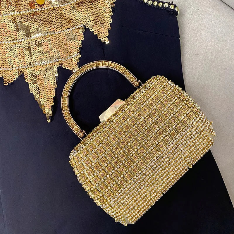 Trendy Gold Rhinestone Bag Fashionable Full Diamond Hand-Held Party Dinner Bag with Polyester Lining