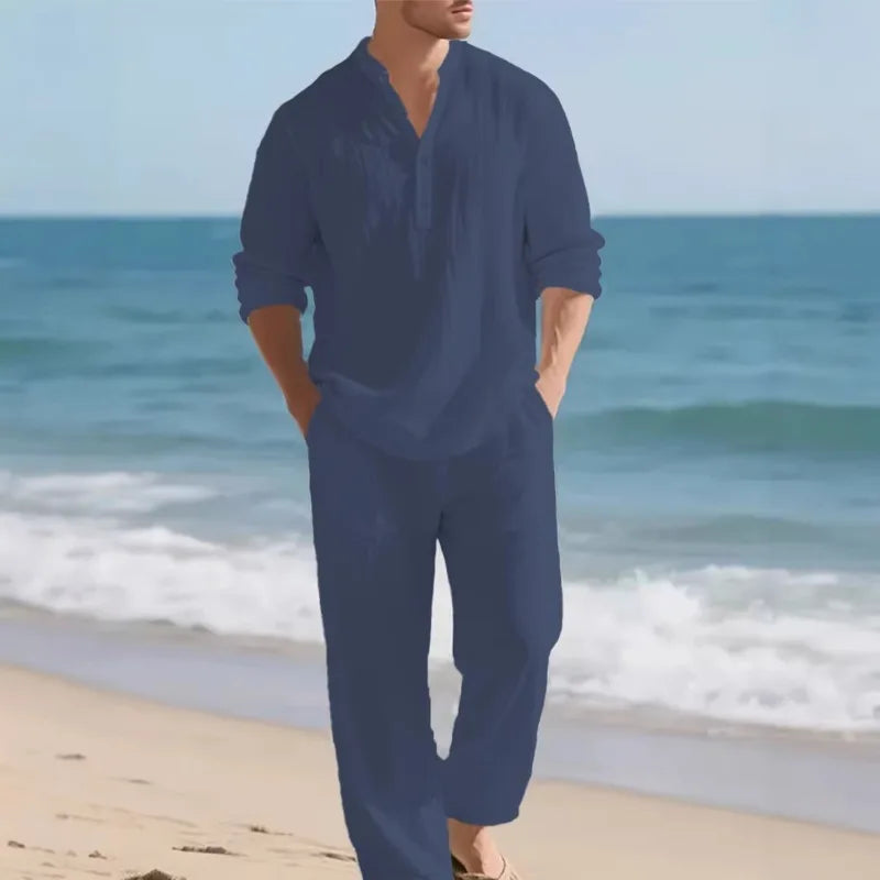 Men's Linen Solid Color Two Piece Set Casual Fashion Turn Down Collar Long Sleeve Shirt Loose Pants Outfit