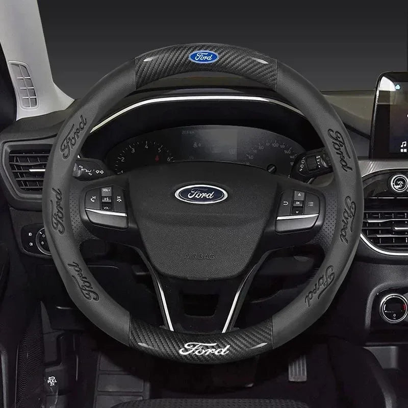 For Ford Mondeo Focus Raptor Puma Edge Explorer Ecosport Ranger F150 Kuga Car AntiSlip Carbon Fiber Leather Steering Wheel Cover