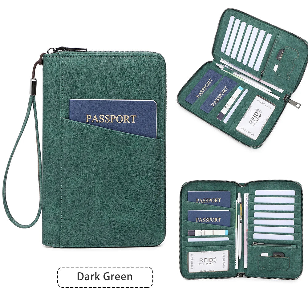 Multi-Functional RFID Blocking Passport Bag Travel Document Holder with Long Zipper Ticket Storage Wallet for Multiple Passports