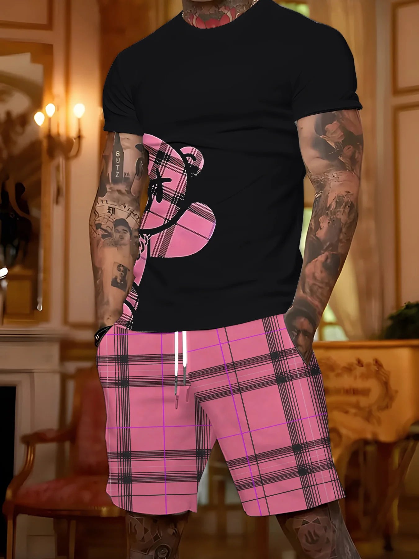 2026 Summer New Men's Short-Sleeved Shorts Set for Street Casual Fashion Comfortable Soft Breathable with 3D Bear Pattern Print