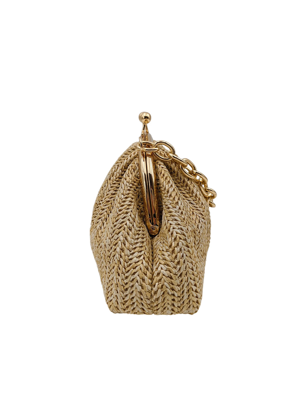2026 new vacation straw women clutch, light brown herringbone textured pleated cloud bag shape. Rose gold bead metal frame buckl