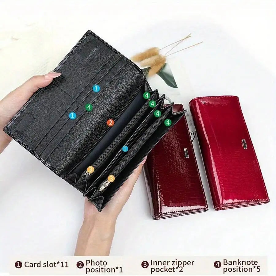 New Shiny Leather Cowhide Wallet Women's Long Leather Money Clip Bag, Evening Bag