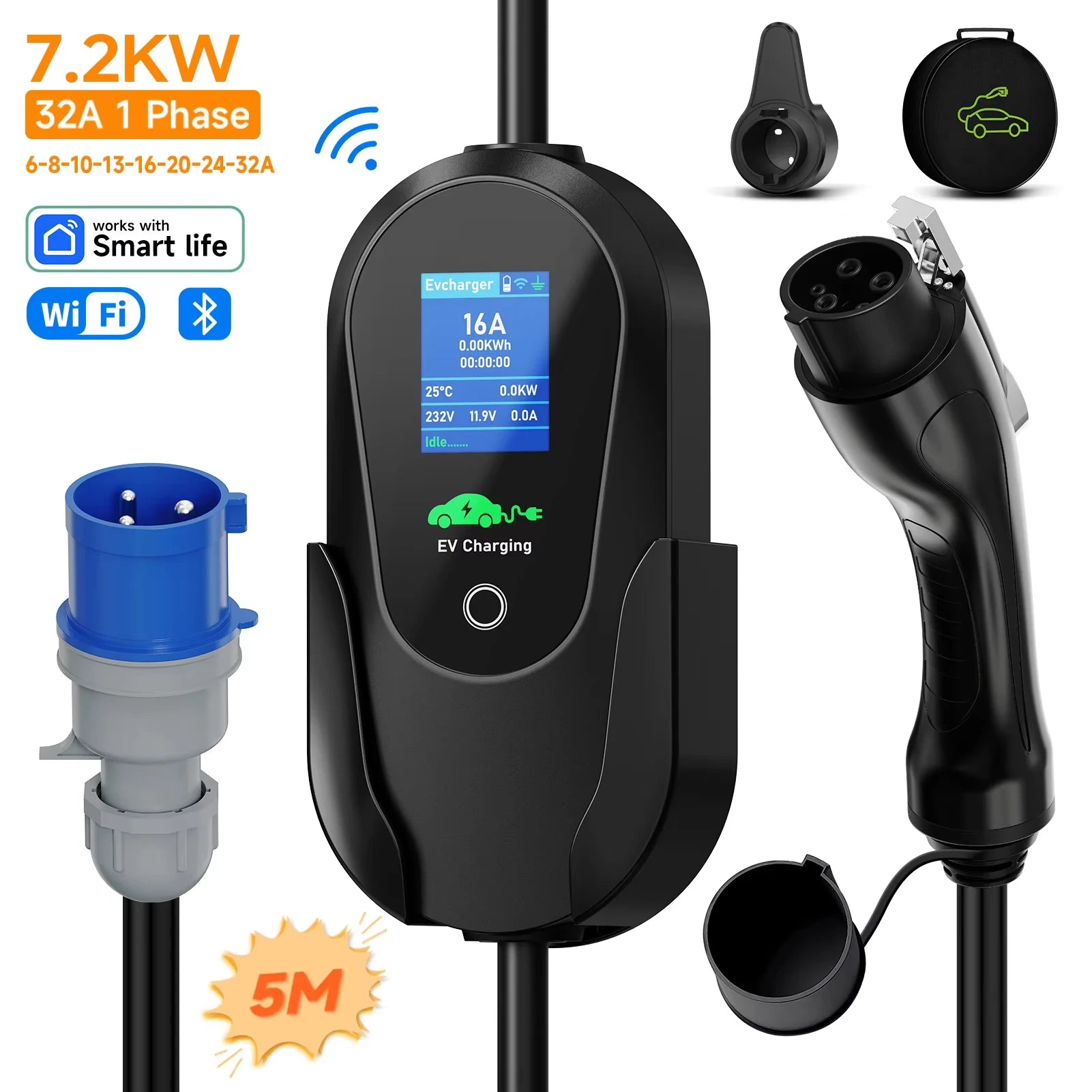 AFEEV Type2 IEC 62196-2 Portable EV Charger 7.2KW 32A Type1 SAEJ1772 Wallbox EVSE Fast Charging Cable WiFi APP Bluetooth Control