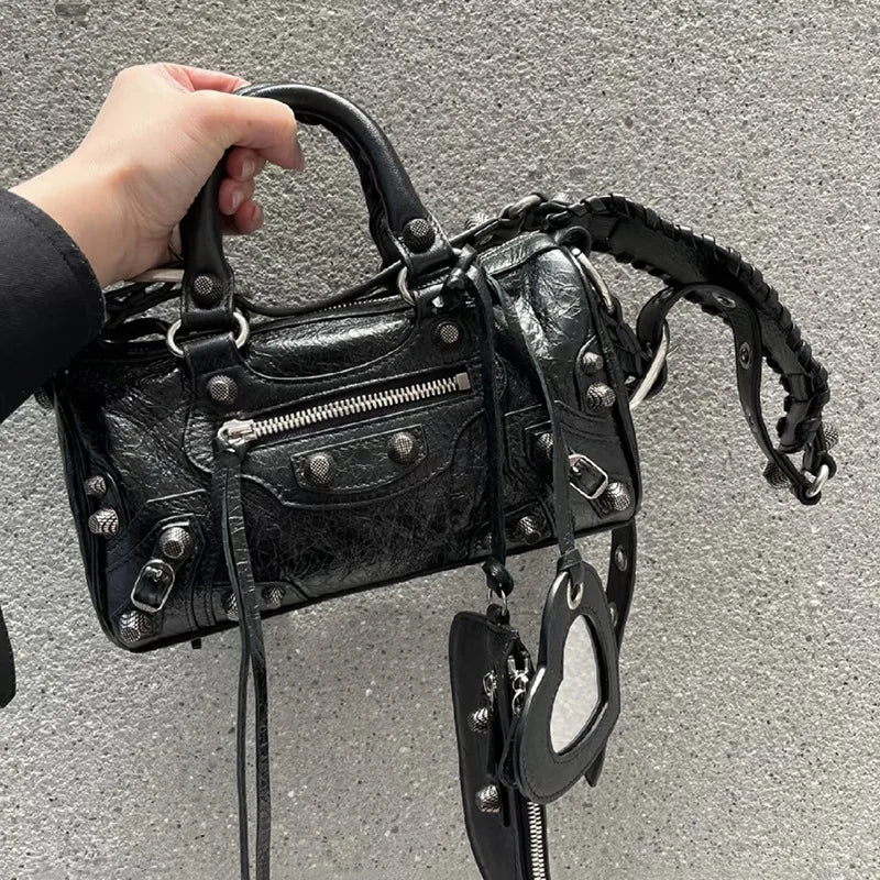 2026 New Mini Cylinder Motorcycle Bag Women's Rivet Tassel Three-in-One Pleated Cowhide Single Shoulder Slant Cross Handbag