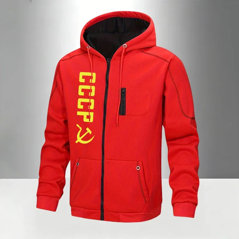 Men's Set/Coat/Pants CCCP Fashion Tracksuit Zipper Hooded Coat & Sweatpants Fall Winter Daily Casual Sports Jogger Sportswear