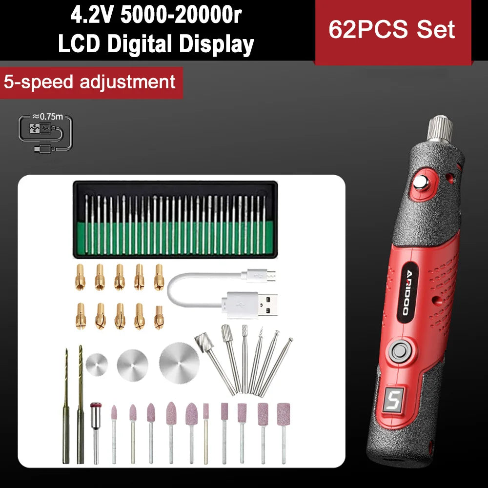 5000-20000r 4.2V Engraver Electric Drill Mini Grinder Engraving Pen Drilling Machine Cordless Rechargeable Micro Rotary Tool Kit