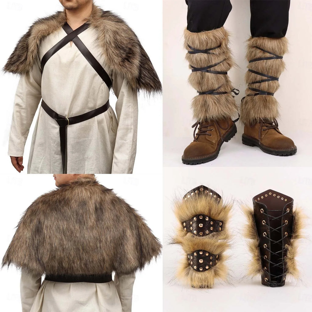 Set Medieval Renaissance Knee Length Outfits Fancy Costume Faux Fur Costume Warrior Men's Viking Halloween Carnival LARP