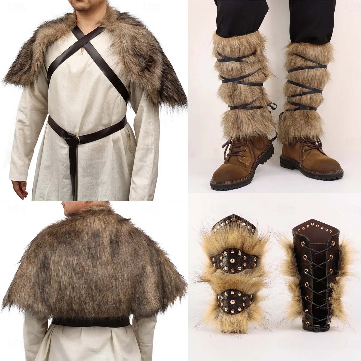 Set Medieval Renaissance Knee Length Outfits Fancy Costume Faux Fur Costume Warrior Men's Viking Halloween Carnival LARP