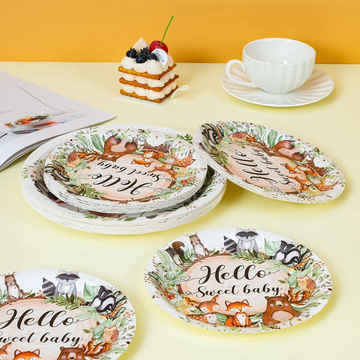10/25/50pcs Watercolor Woodland Creatures Disposable Paper Plates for Nature Inspired Baby Party Supplies