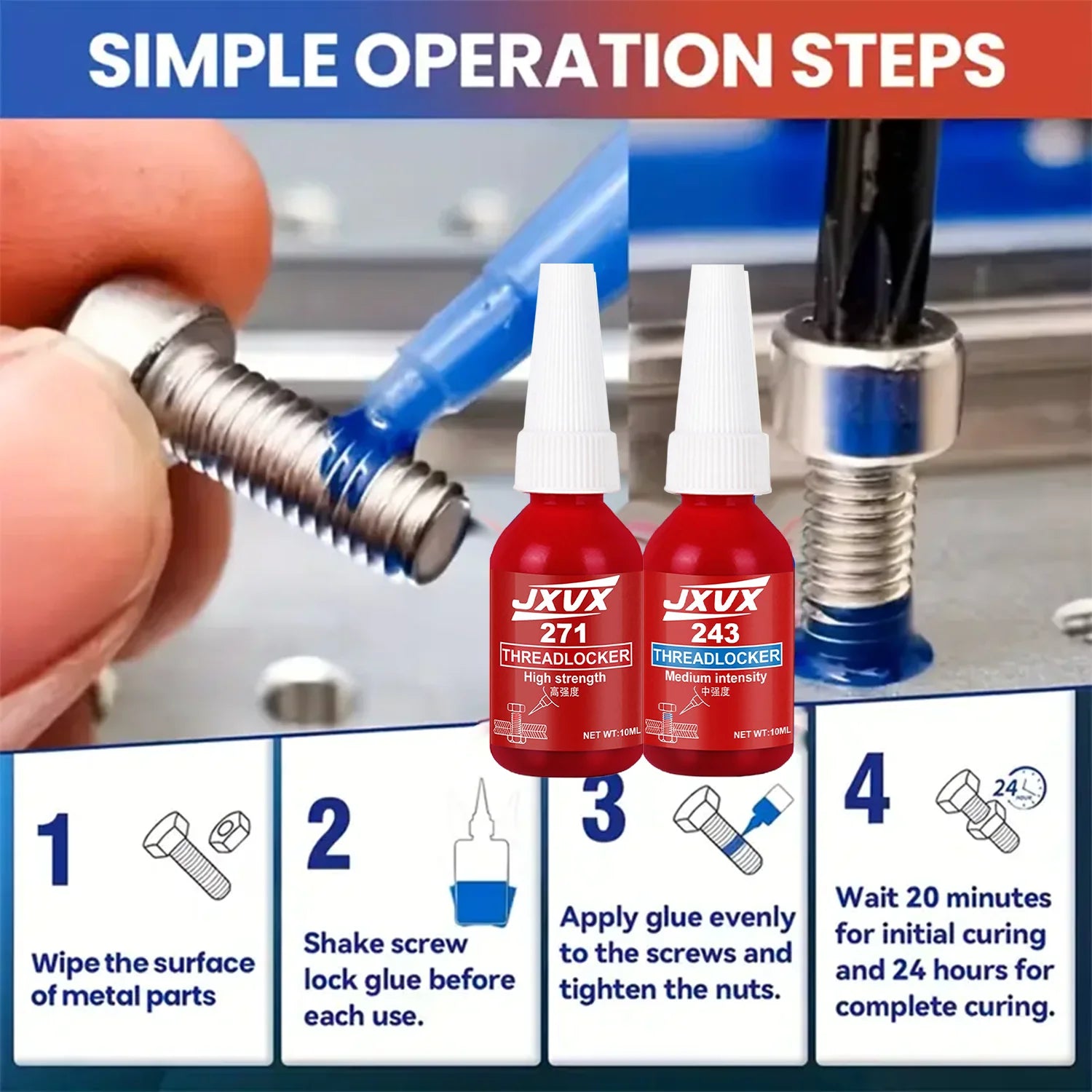 Threadlocker 243 blue 271 red Threadlocking adhesive compound Anaerobic adhesive Sealant Medium-to-high strength, oil-resistant, high-temperaturechoice for industrial machinery metal fasteners.