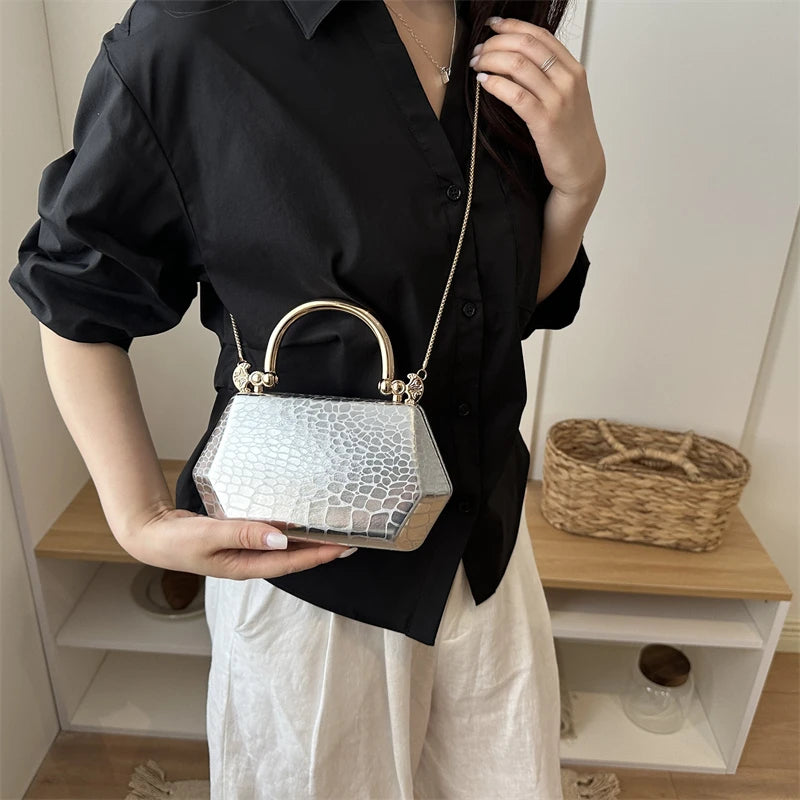 Women's Handbag Bags for Women 2026 Fashion Clutches Gold  Geometric Mini Box Party Evening Purse Crossbody Shoulder Bag