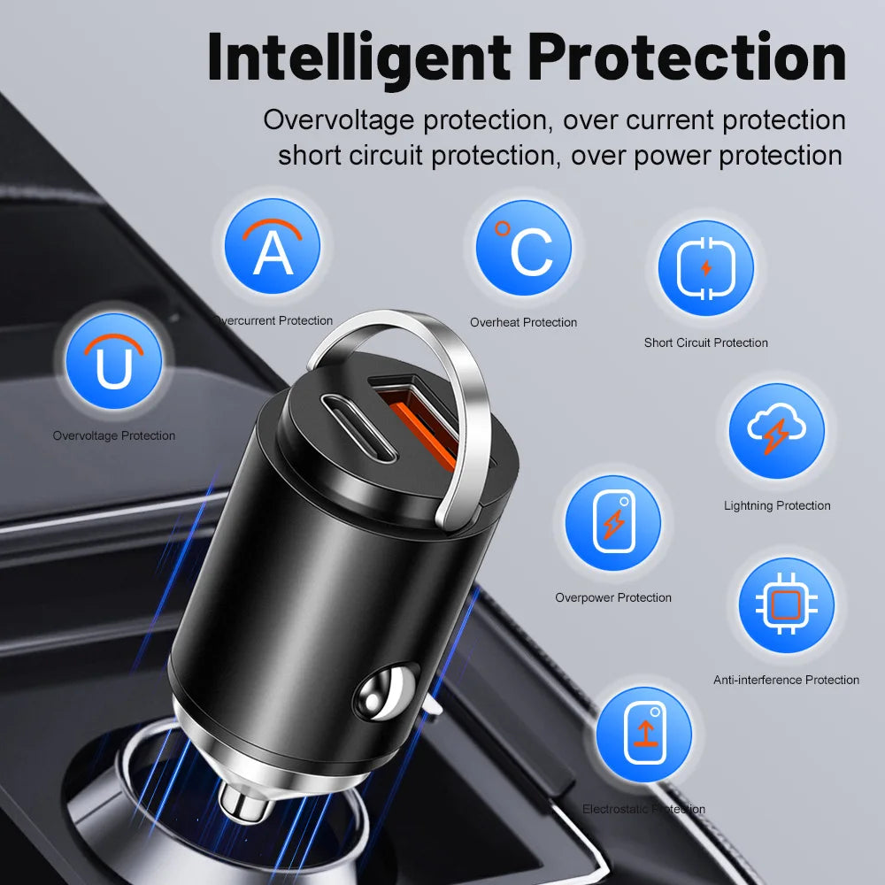 100W Mini Car Charger Dual Port PD Type C & QC USB A Fast Charging Adapter Flush Fit Stealth Pull Ring For 12V 24V Vehicles